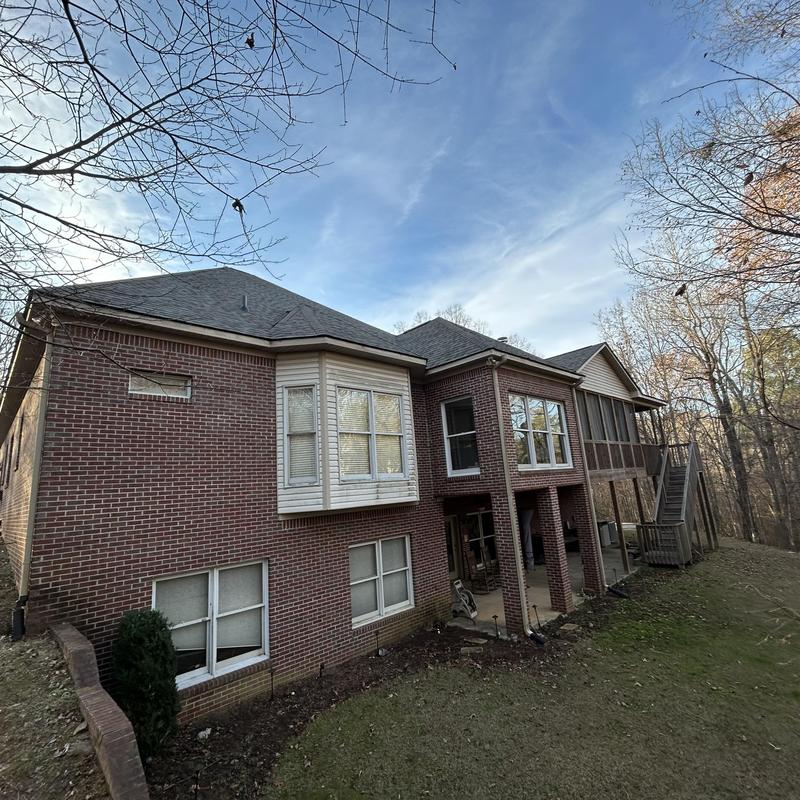 Owens Corning Estate Grey shingles on brick house roof Owens Corning Estate Grey shingles on brick house roof