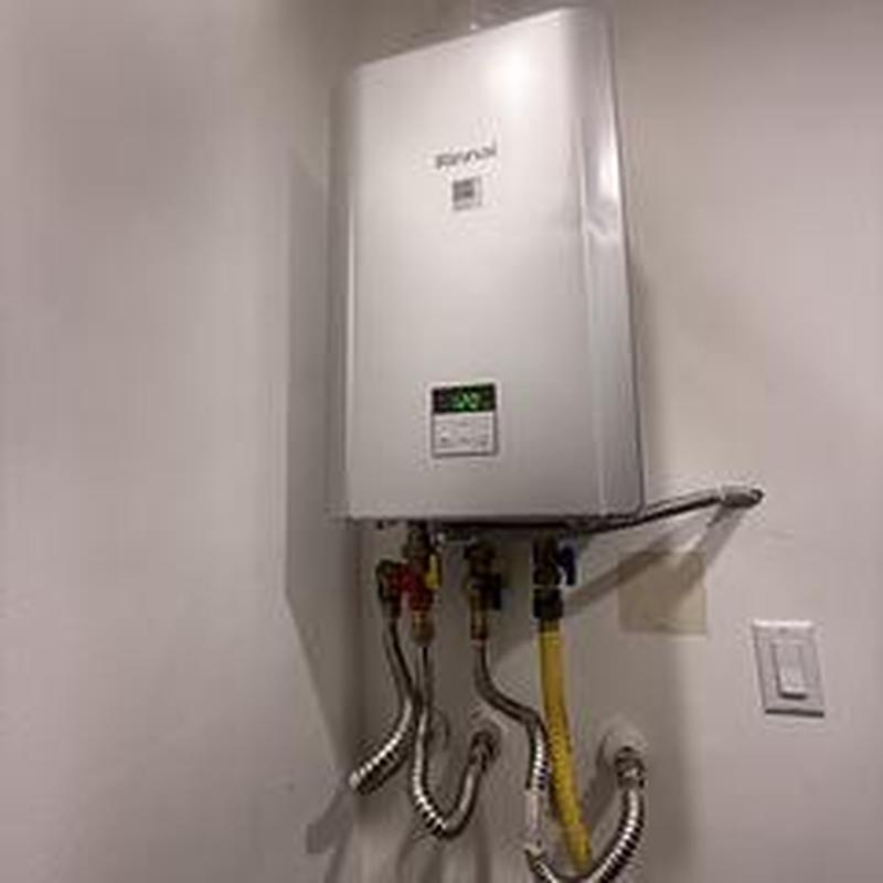 Rinnai tankless water heater with connected plumbing