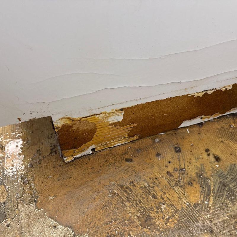 Baseboard water damage with peeling paint and warped floor
