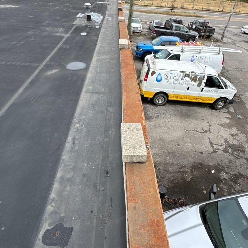 Flat roof membrane with vent pipe and drainage areas