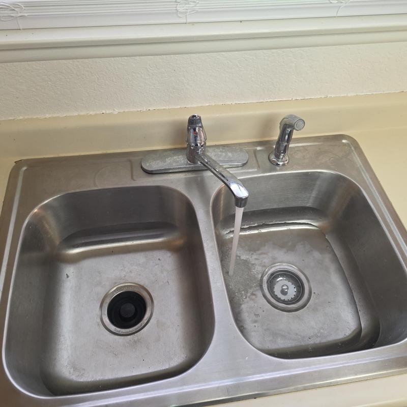 Double kitchen sink with running faucet and sprayer