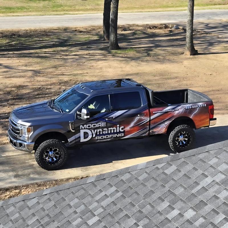 Asphalt shingle roof inspection from company truck