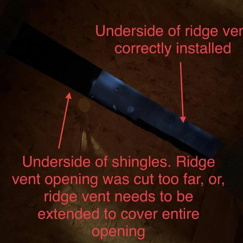 Ridge vent underside showing incorrect shingle coverage