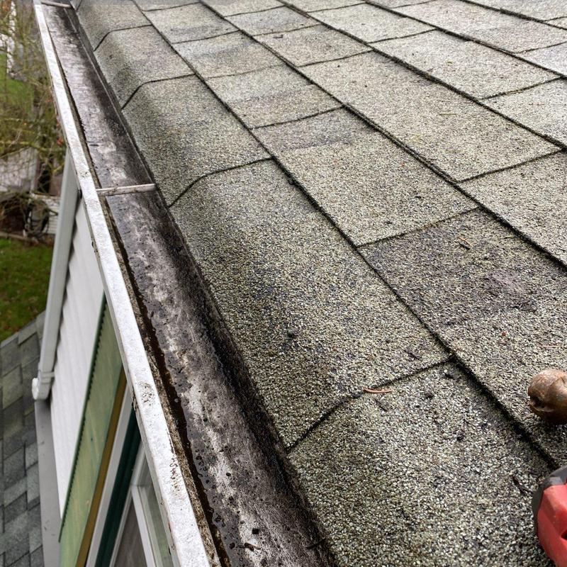 Gutter system debris removal along roof edge