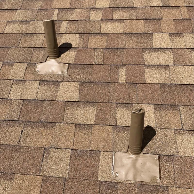 Asphalt shingle roof with lead pipe boots, Desert Rose
