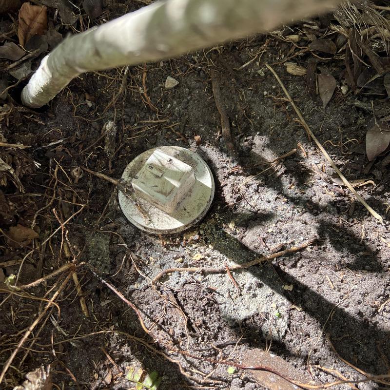 Outdoor plumbing cleanout cap surrounded by dirt and roots