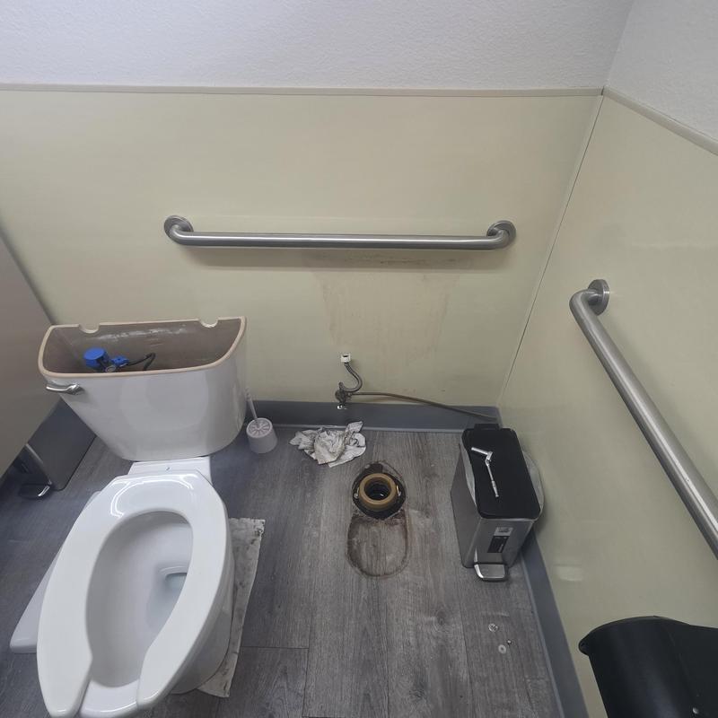 Toilet flange and tank removal in commercial restroom Toilet flange and tank removal in commercial restroom