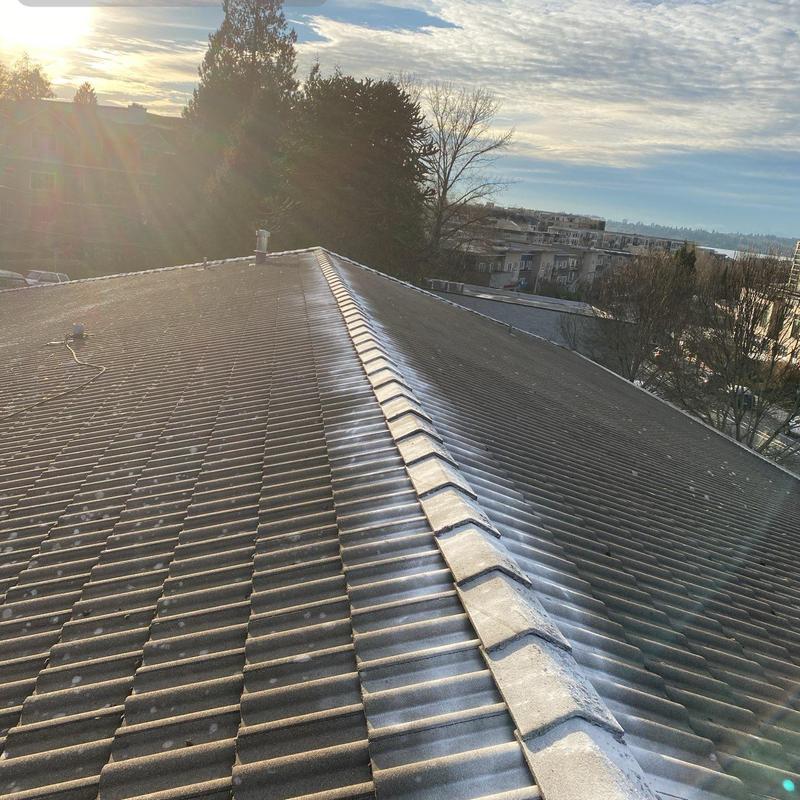 Tile roof ridge with clear sunlight and sky view