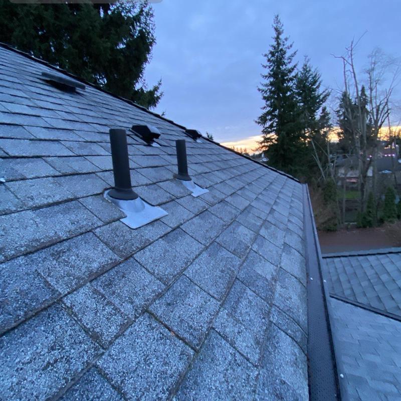Asphalt shingle roof with vent pipes at sunset