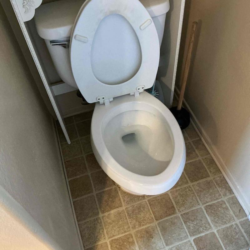 Toilet bowl and seat with open lid in guest restroom