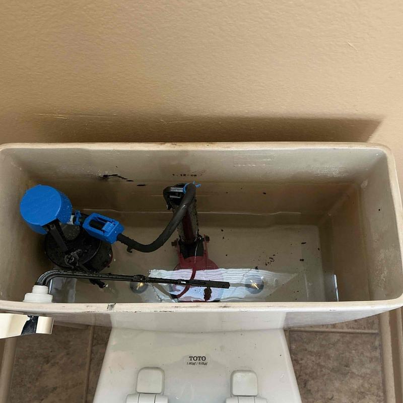 Toilet tank internal components with new rebuild kit installed