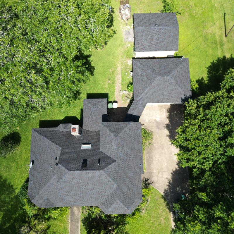 Tamko Titan XT Black Walnut roof installation aerial view Tamko Titan XT Black Walnut roof installation aerial view