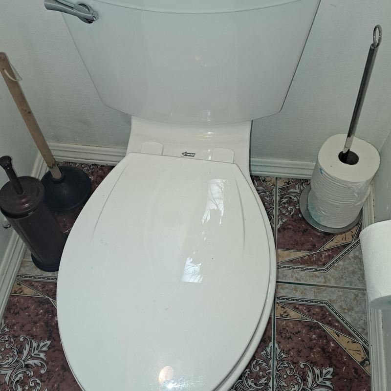 Toilet with closed lid in master bathroom with cleaning tools Toilet with closed lid in master bathroom with cleaning tools