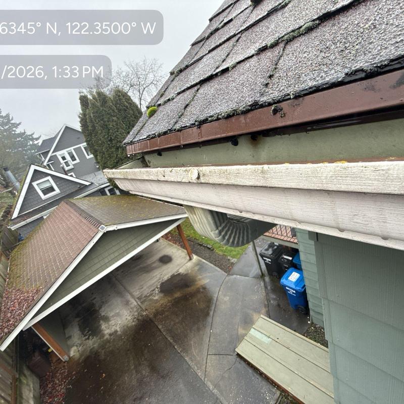 Gutter system with downspout and roof edge details