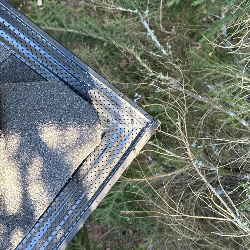 Gutter guard system at roof edge over trees