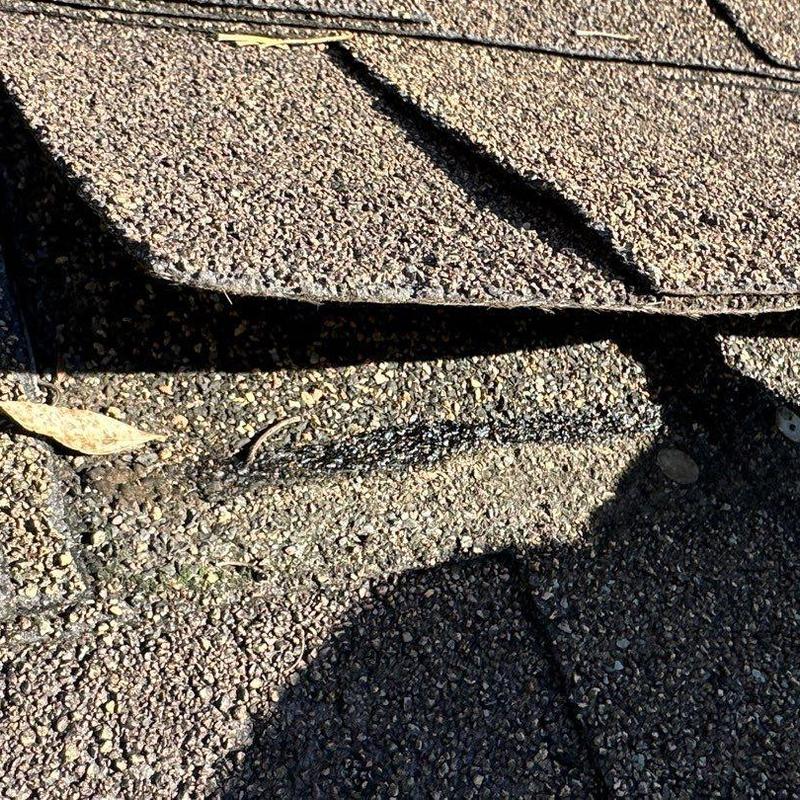 Roof shingles with visible wind damage and lifting layers Roof shingles with visible wind damage and lifting layers