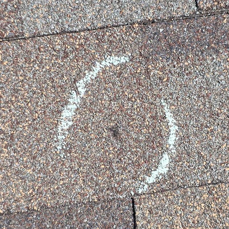 Roof shingles with hail damage marked circle