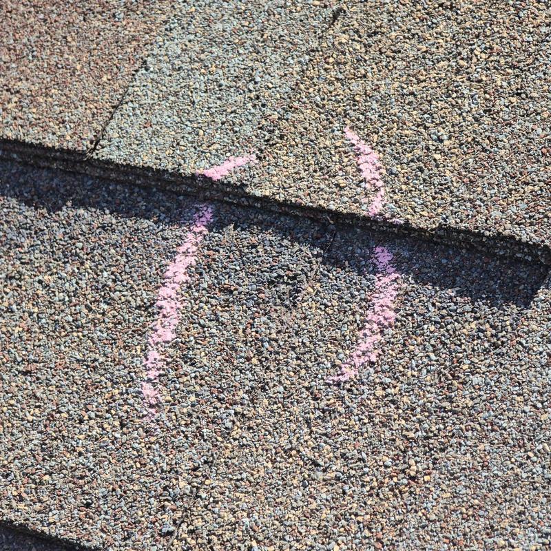Asphalt roof shingles with marked hail damage Asphalt roof shingles with marked hail damage
