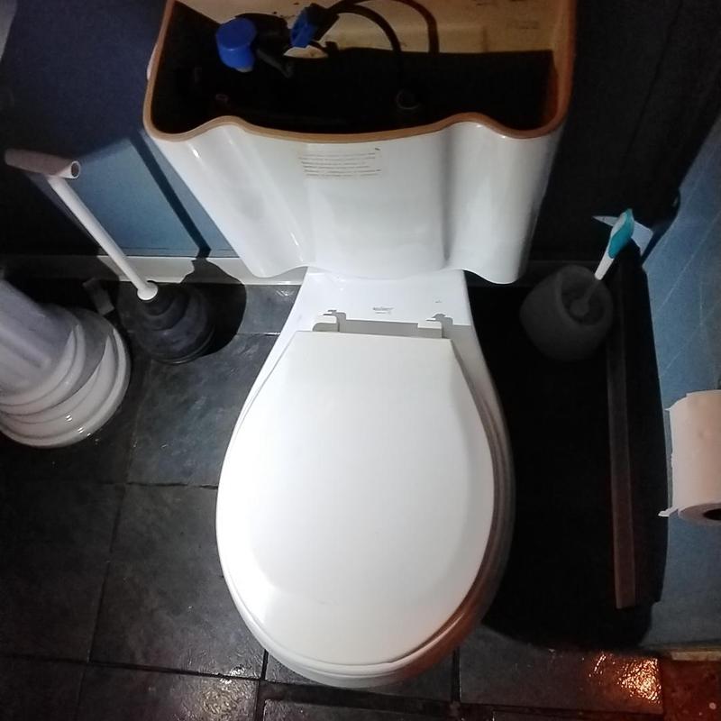 Bathroom commode with open tank for stoppage access