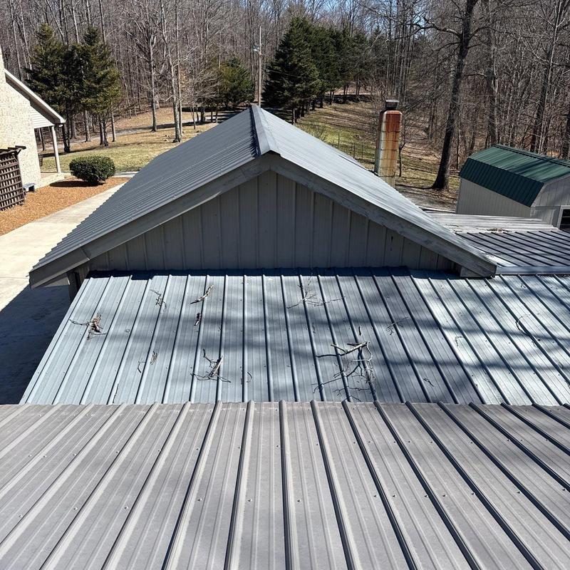 Metal roof panels with debris on surface