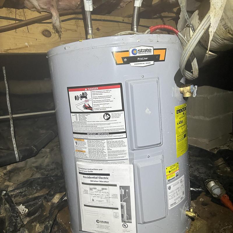 40-gallon lowboy electric water heater under house