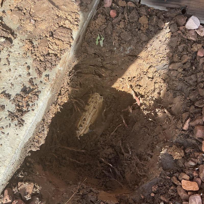 Concrete-blocked area drain exposed during excavation in dirt