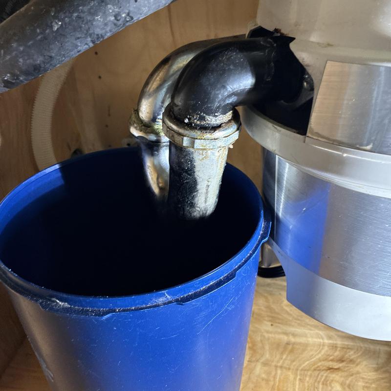 Kitchen sink P-trap with bucket under drain pipe