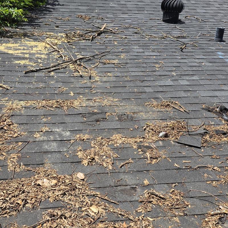 Asphalt shingle roof with debris and hail damage