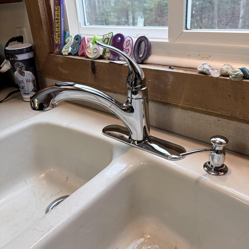 Pull-out sprayer kitchen faucet with soap dispenser