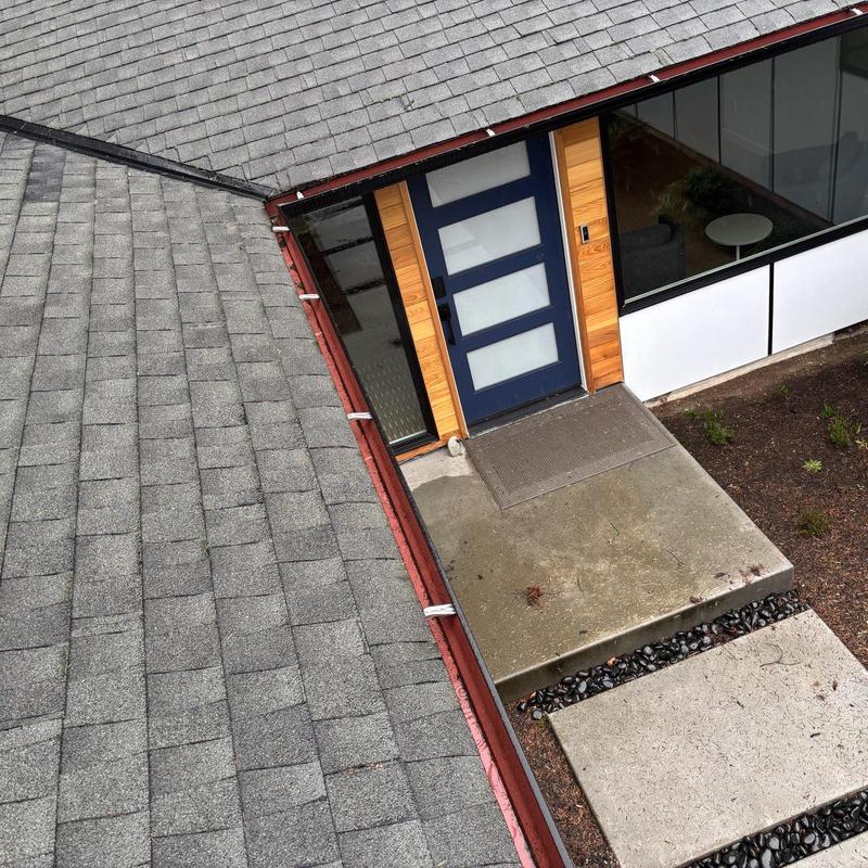 Gutter cleaning and leaf removal on gray roof