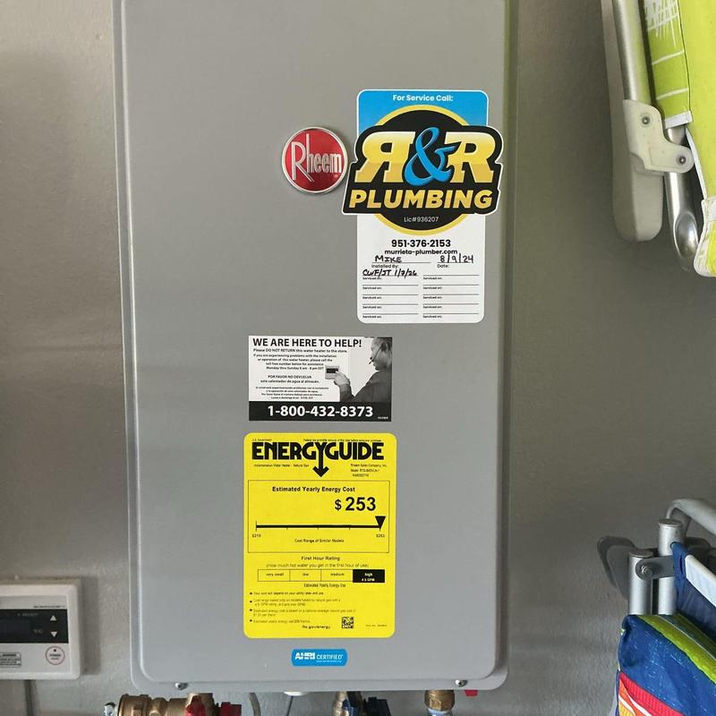 Tankless water heater with service and energy labels
