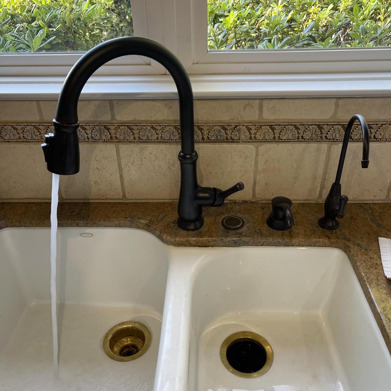 Venetian bronze kitchen faucet with soap dispenser