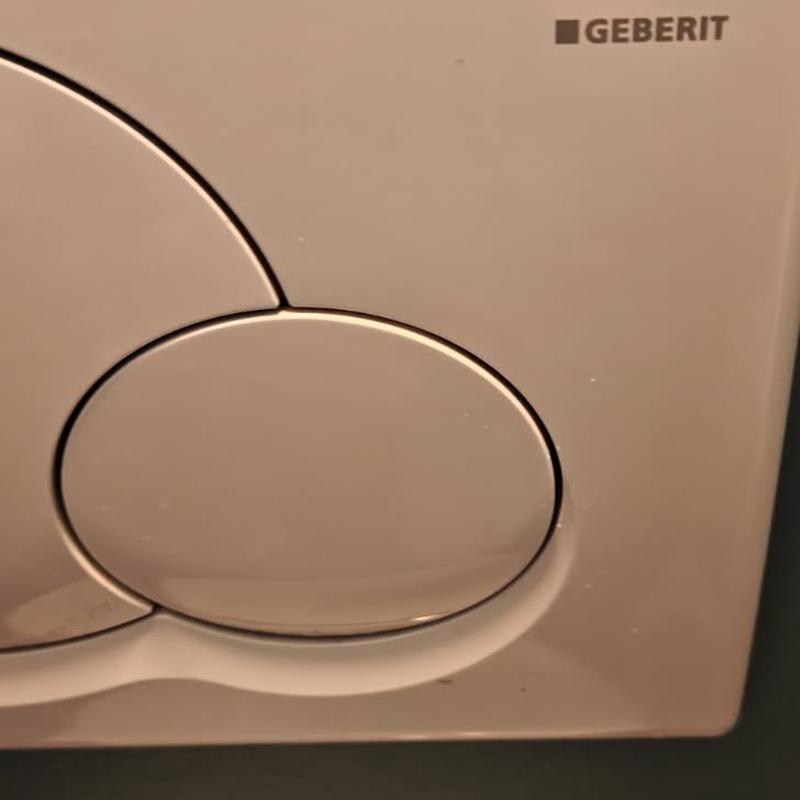 Wall-mounted toilet flush button adjustment close-up