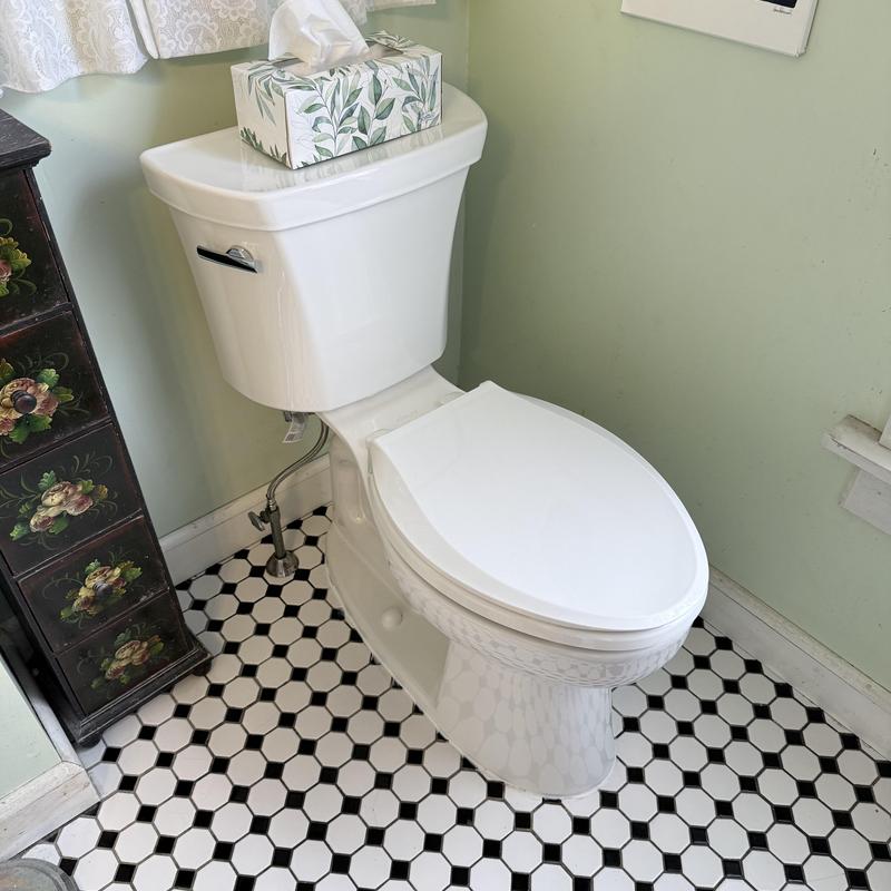 Toilet replacement with white hex tile floor
