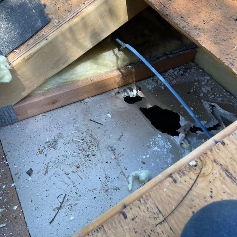 Ceiling hole with exposed insulation and framing wood