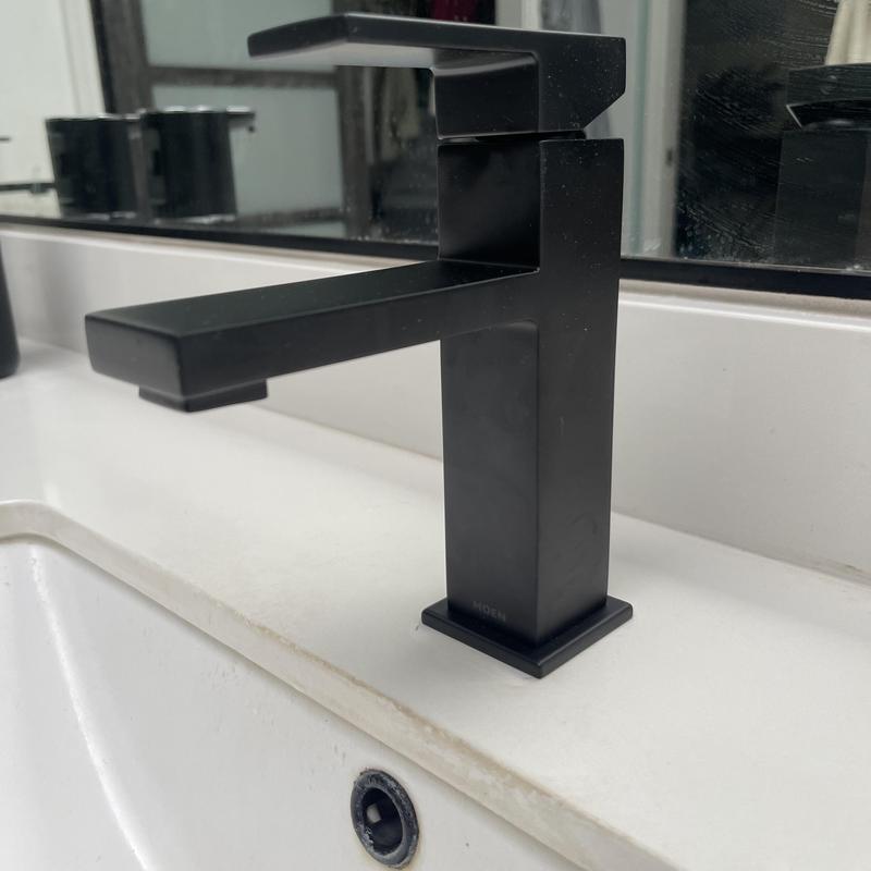 Moen Revyl Matte Black lavatory faucet on sink