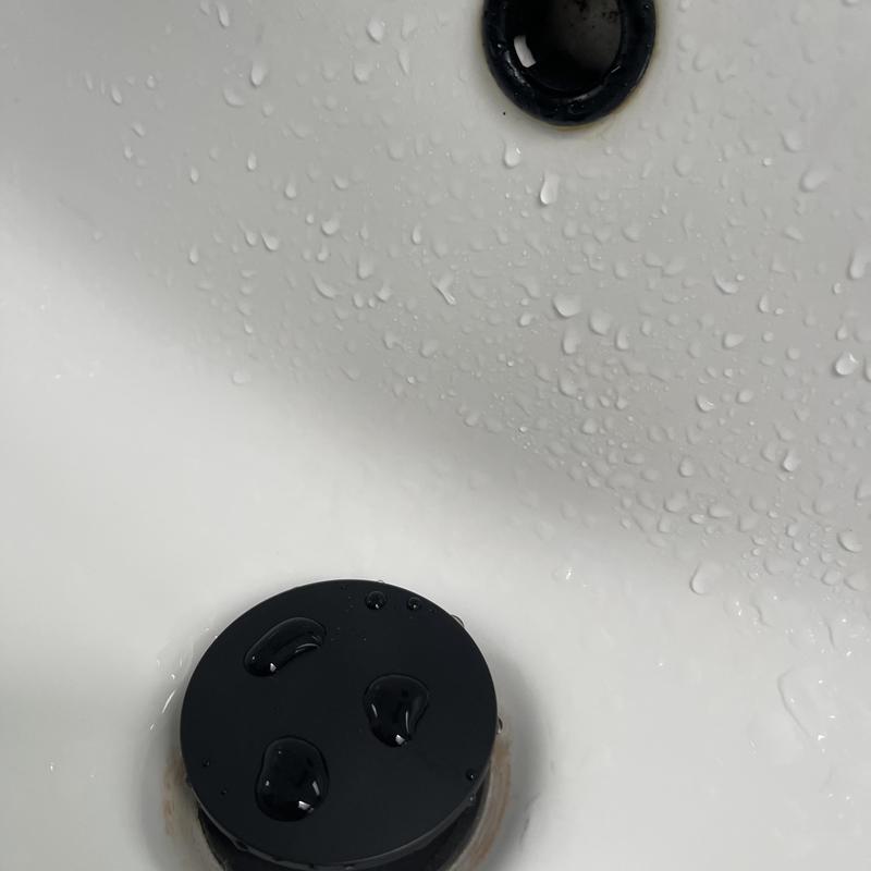 Matte black pop-up drain assembly in white sink