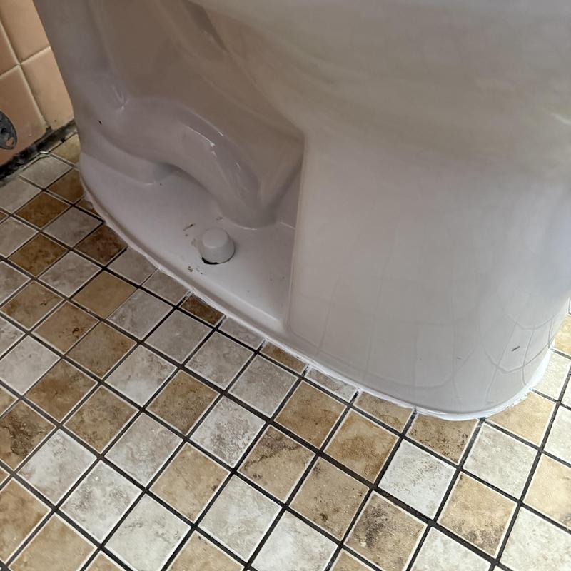 Toilet base with new caulking on tiled floor