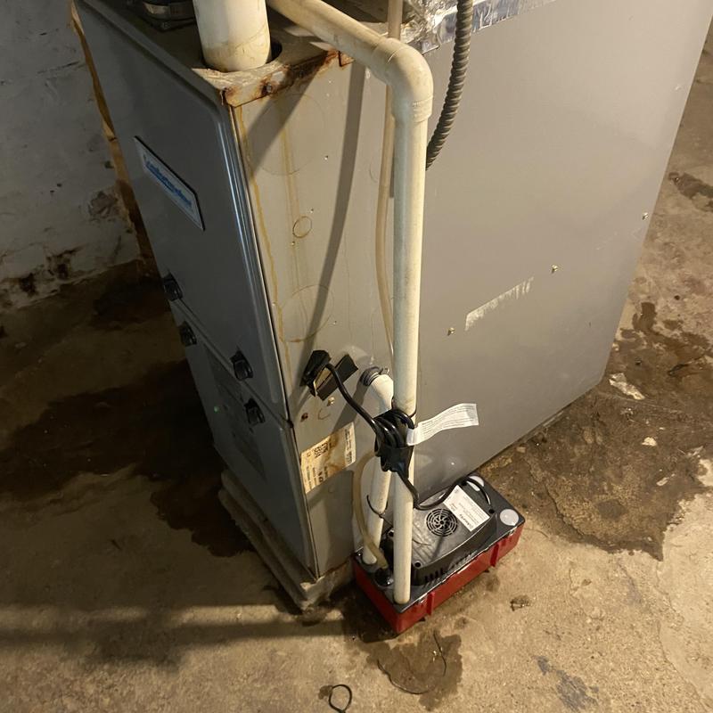 Condensate pump installation beside furnace in basement