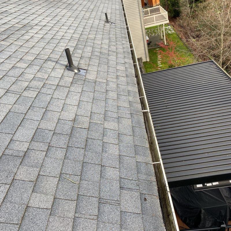 Roof shingles and gutter with moss treatment in Brier, WA