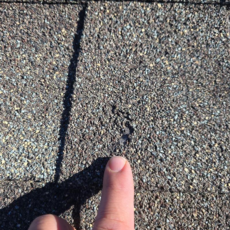 Asphalt shingle roof hail damage close-up with finger for scale