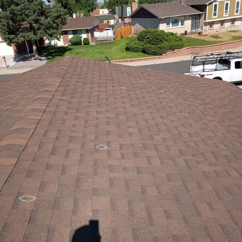 Asphalt shingle roof with hail damage marks in Denver