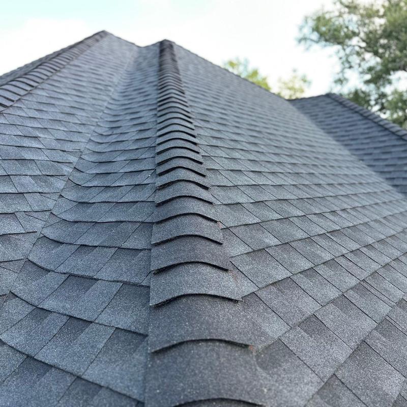 GAF HTZ Timberline Charcoal roof with Z-Ridge installed GAF HTZ Timberline Charcoal roof with Z-Ridge installed