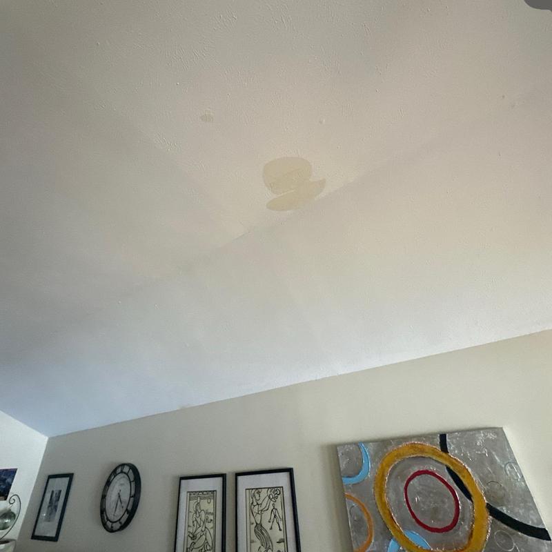 Ceiling water stain during roof interior inspection