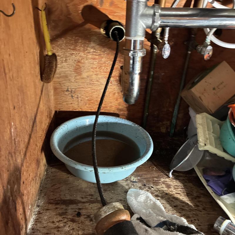 Kitchen drain with clog removal snake under sink