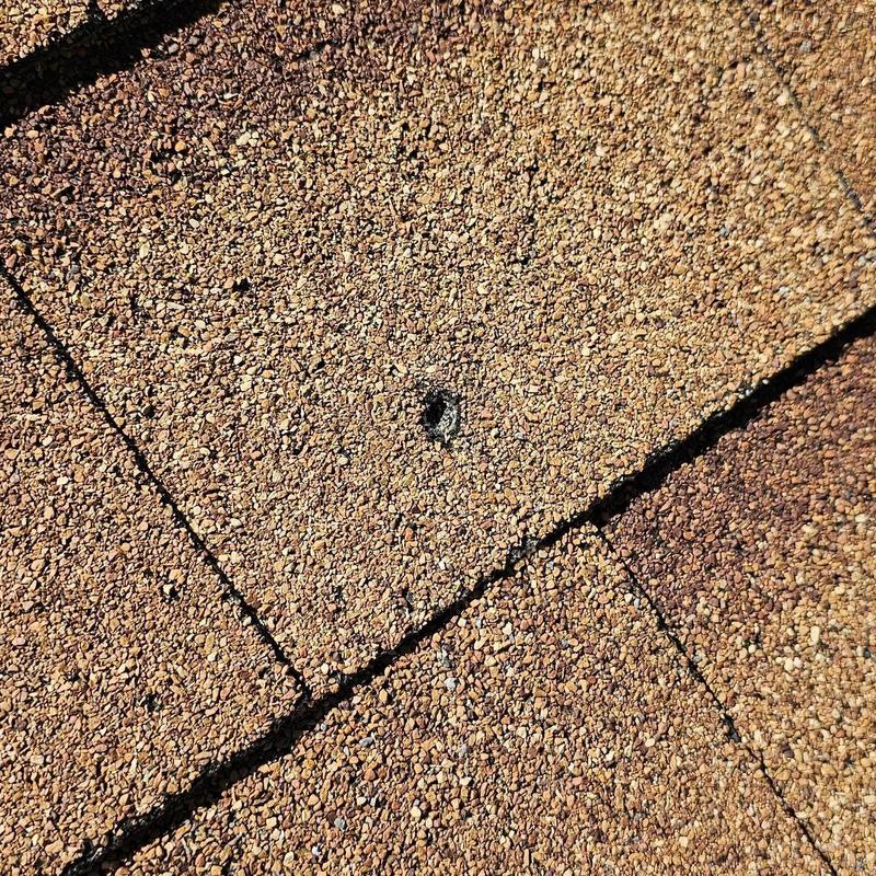 Shingle roof hail damage hole on granule surface Shingle roof hail damage hole on granule surface