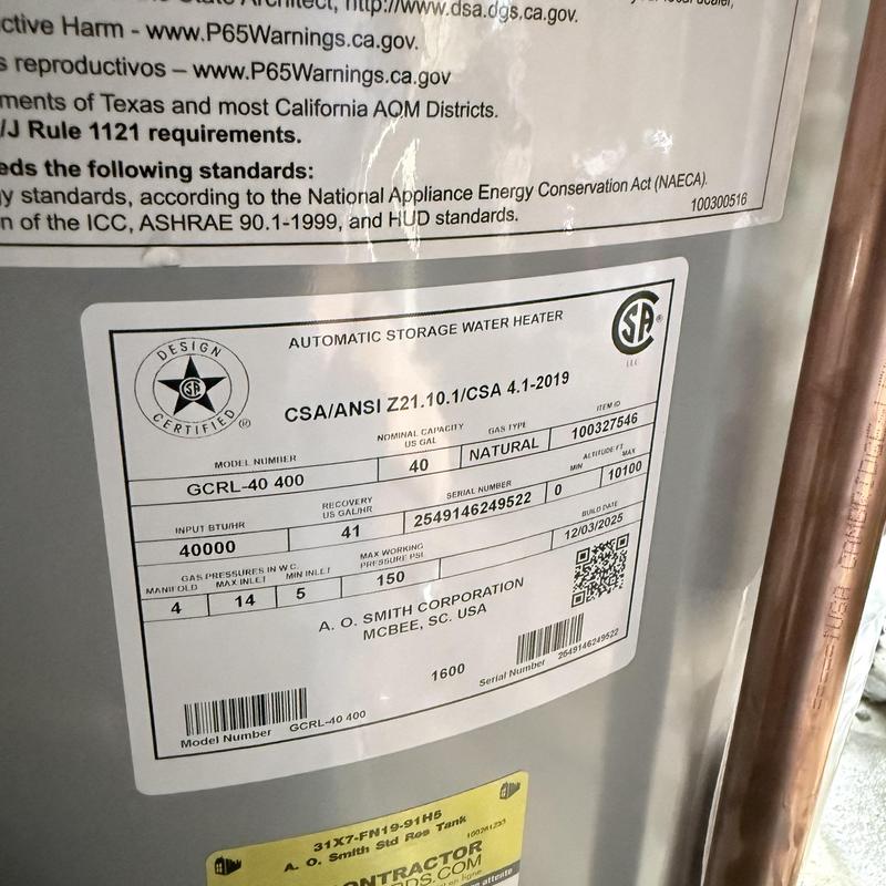 Gas water heater label showing model and specs