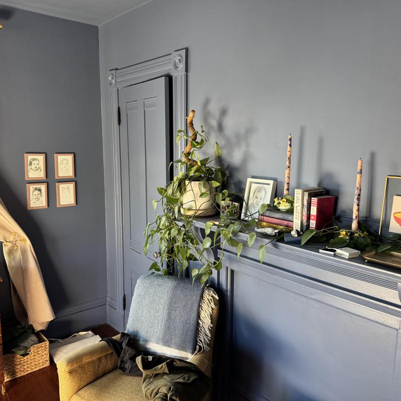 Wall paneling and trim in gray living room corner