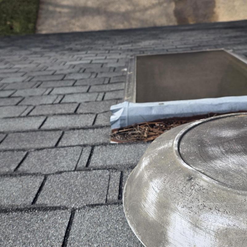 Roof vent and skylight debris buildup on shingle roof