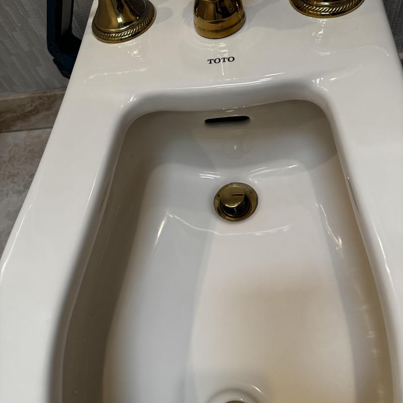 Polished brass bidet pop-up drain assembly installed